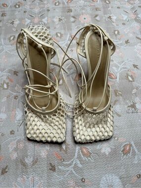 Bottega Veneta Ivory Woven Square-Toe Lace-Up Heels